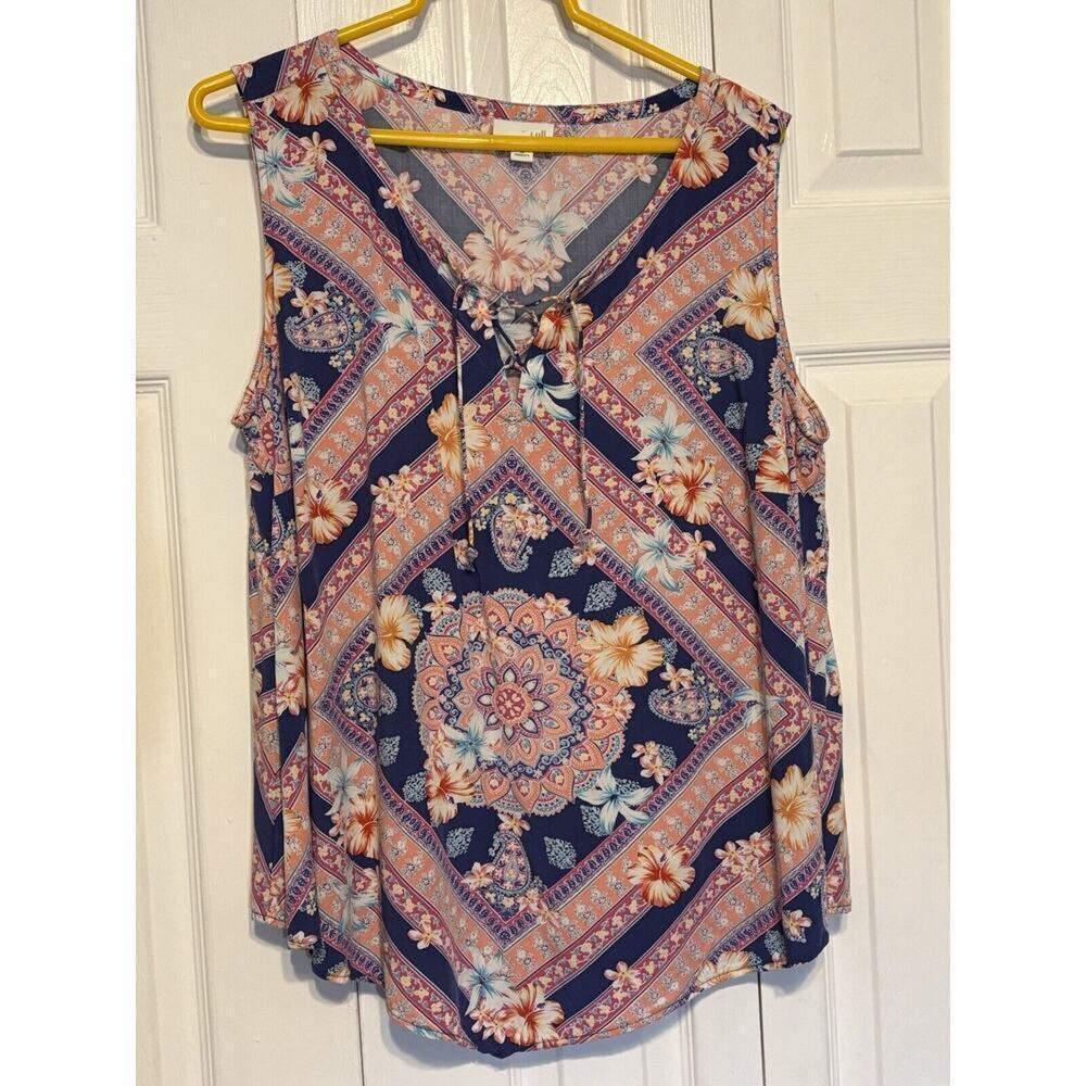 J Jill Blouse Womens 1X Pink Blue Floral Paisley Sleeveless Top Casual Vacation